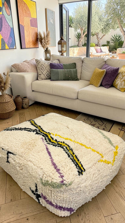 Pouf berbère vintage en laine naturelle – Fait main - 051