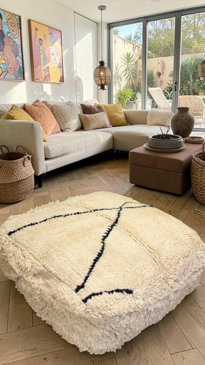 Pouf berbère vintage en laine naturelle – Fait main - 052