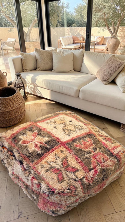 Pouf berbère vintage en laine naturelle – Fait main - 034